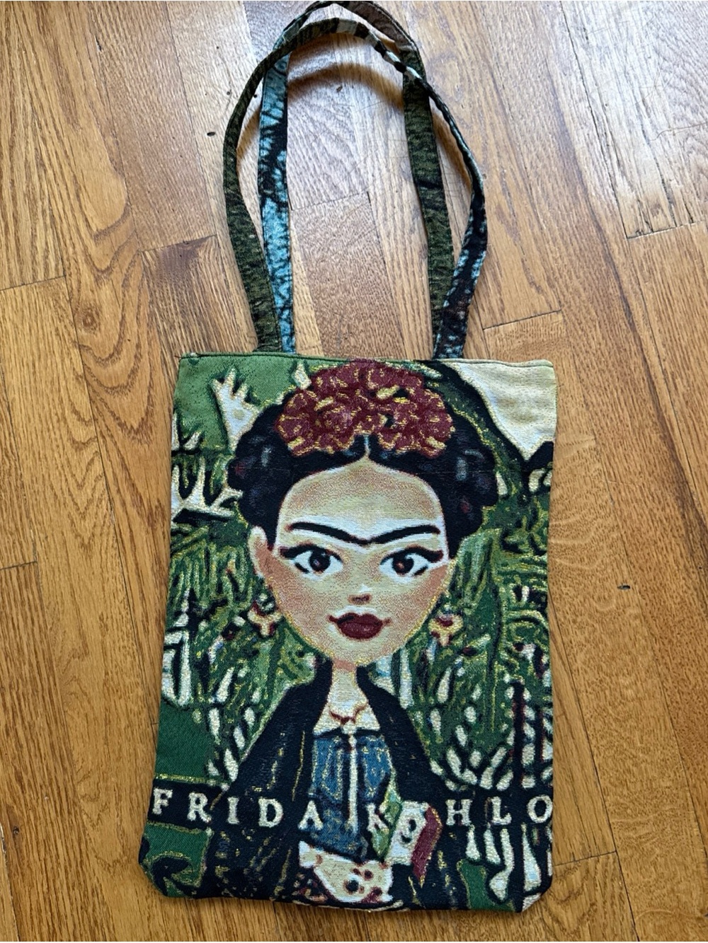 Green Canvas Tote Bag with Artistic Portrait